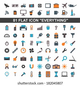 set everything flat icons, stationery, weather, office, school, physics, science, technology, tool, construction, electronics, media