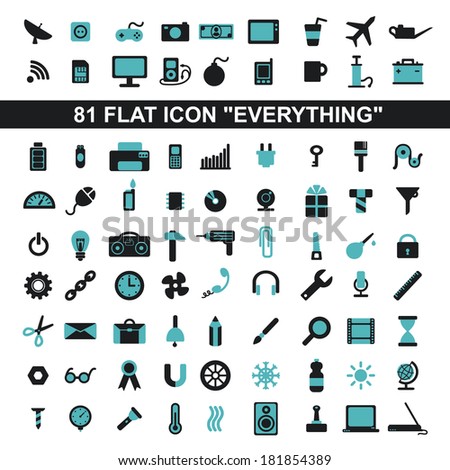 set everything flat icons, stationery, weather, office, school, physics, science, technology, tool, construction, electronics, media