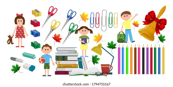 Set everything for school. Scissors, pencils, paper clips, erasers, wood shavings, books, children, school bell, leaves.