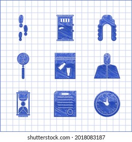Set Evidence bag and bala, The justice, Clock, Anonymous con signo de interrogación, Old hourglass sand, Magnifying search, Judge wig and Footstep icon. Vector