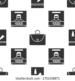 Set Evidence bag and bullet, Briefcase and Wanted poster on seamless pattern. Vector