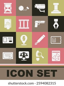 Set Evidence bag and bullet, Safe, Fountain pen nib, Security camera, Prison window, Oath the Holy Bible, Old hourglass and Pistol or gun icon. Vector