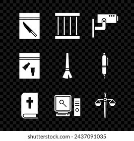Set Bolso y cuchillo de la evidencia, ventana de la prisión, cámara de seguridad, libro de la Biblia santa, pantalla de la computadora de búsqueda, escalas de justicia, bala y icono del cepillo de pintura. Vector