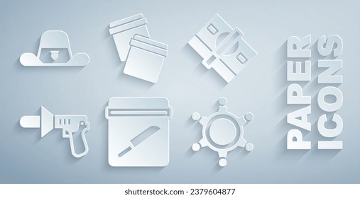 Set Evidence bag con cuchillo, Stacks de papel dinero en efectivo, megáfono de la policía, sheriff de Hexagram, ziplock de plástico e icono de la placa de sheriff. Vector