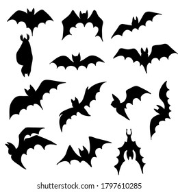 Juego de murciélagos malvados volando para la decoración de tarjetas de halloween aislados en blanco, ilustración vectorial de stock