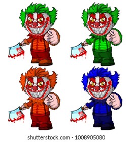 Set of evil clown holding a knif, face horror and crazy maniac. 