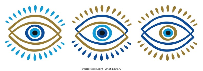 Set of evil eye or Turkish eye symbols and icons. Modern amulet design for decoration and printing