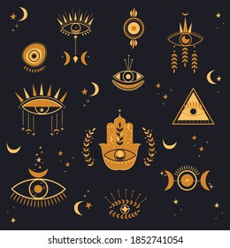 Set with evil eyes and hamsa or fatima amulet in celestial style. Bohemian gypsy motifs-vector, illustration.