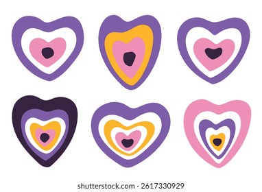 Set of evil eyes, nazar, in heart shape. Talisman of protection and luck, exotic amulet. Editable vector illustration. Boho art, for prints, stickers, posters.