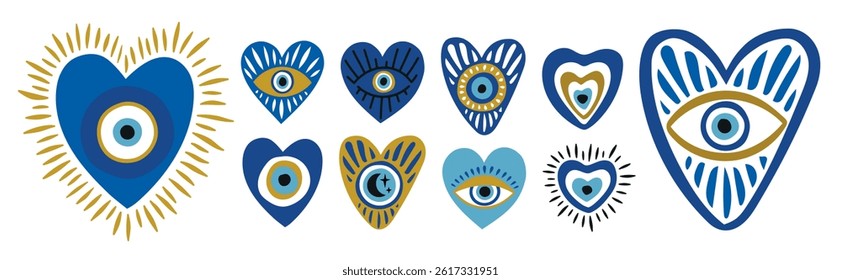 Set of evil eyes in the shape of a heart. Nazar, hand drawn icons of amulets and talismans with modern design in boho style. for prints, decoration, patterns.