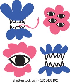 Set of evil flowers. Four cartoon pink and blue plants for Halloween party, with fangs and spooky eyes. Scary jaws with demonic tongue. Abstract vector illustration. 