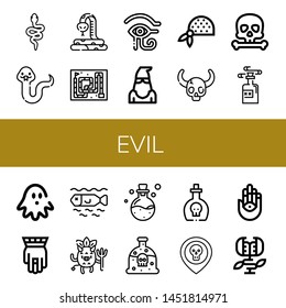 Set of evil icons such as Snake, Eye of ra, Executioner, Bandana, Skull, Poison, Haunted house, Hamsa, Dead, Devil, Carnivorous plant , evil