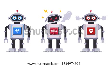set of an evil, kind and broken robot. children mechanical toy. Flat character vector illustration.