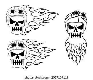 Set of evil skulls of bikers in helmet with fire line art. Hand drawn vector illustration. Simple sketch graphics for coloring. Isolated design element.