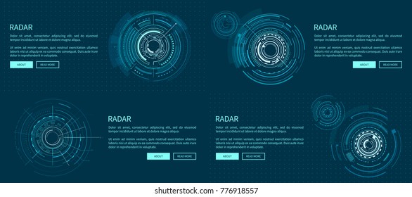 Set of exact radar templates vector illustration with bright geometric shapes, text sample and light push-buttons isolated on deep blue background