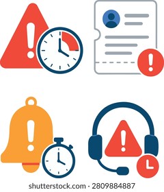 Set of exactly 4 clean flat design vector icons about SLA breach alert