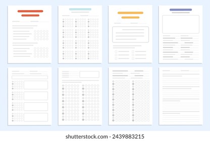 Conjunto de documentos de examen en diseño plano, hojas de examen de diseño simple prueba escolar, formulario de examen de cuestionario para la educación universitaria y universitaria, Kit de hoja de trabajo en papel aislado con tarea y respuesta, Vec