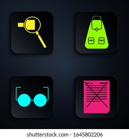 Set Exam paper with incorrect answers survey, Magnifying glass, Glasses and School backpack. Black square button. Vector
