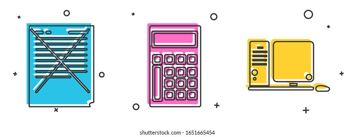 Set Exam paper with incorrect answers survey, Calculator and Computer monitor with keyboard and mouse icon. Vector