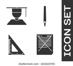 Legen Sie Prüfungspapier mit Umfrage zu falschen Antworten, Graduate und Graduierung, Dreiecksrichter und Pen-Symbol fest. Vektorillustration
