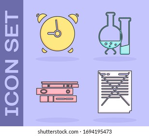 Set Exam paper with incorrect answers survey, Alarm clock, Office folders with papers and documents and Test tube and flask chemical laboratory test icon. Vector