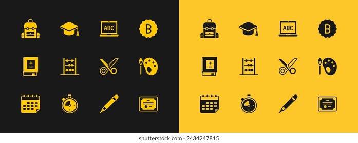 Set Exam paper with incorrect answers, Stopwatch, Scissors, Pencil eraser, Abacus, Laptop, School backpack and Graduation cap icon. Vector