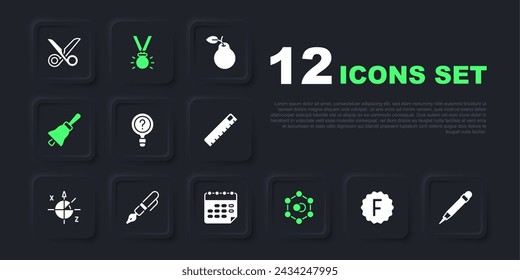 Set Exam paper with incorrect answers, Pencil eraser, Unknown search, Molecule, Ringing bell, Fountain pen nib, Medal and School timetable icon. Vector