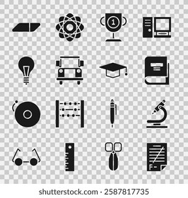 Set Exam paper with incorrect answers, Microscope, Book, Award cup, School Bus, Light bulb concept of idea, Eraser rubber and Graduation cap icon. Vector