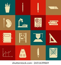 Definir papel de exame com respostas incorretas pesquisa, régua triangular, pastas de documentos e papéis do escritório, caneta, microscópio, pincel paleta, papel de carta caso lápis e gráfico de placa ícone. Vetor