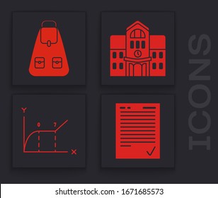 Set Exam sheet with check mark, School backpack, School building and chart infographic icon. Vector
