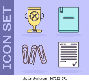 Establezca la hoja de examen con marca de verificación, copa de premio, clip de papel e icono del bloc de notas. Vector