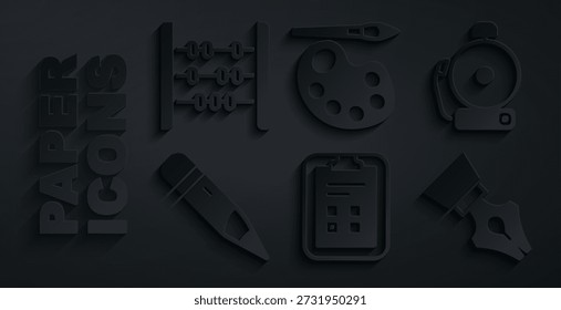 Establecer la hoja de examen con marca de verificación, timbre de alarma, borrador de lápiz, pluma de la fuente, paleta de pincel de pintura e icono de ábaco. Vector