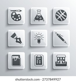 Set Exam sheet with check mark, School building, Pen, Light bulb, Book, Fountain pen nib, Paint brush palette and Basketball ball icon. Vector