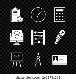 Set Exam sheet with clock, Clock, Calculator, Chalkboard, Drawing compass, Identification badge, Monitor graduation cap and Abacus icon. Vector