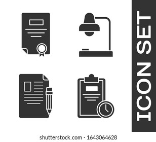 Set Exam sheet with clock, Certificate template, Exam sheet and pencil with eraser and Table lamp icon. Vector