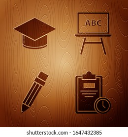 Set Exam sheet with clock, Graduation cap, Pencil with eraser and Chalkboard on wooden background. Vector