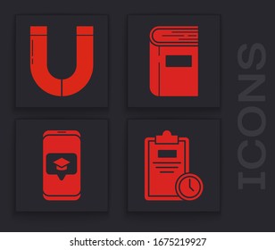 Set Exam sheet with clock, Magnet, Book and Graduation cap on screen smartphone icon. Vector