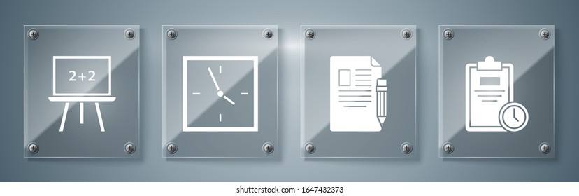 Ajuste hoja de examen con reloj, hoja de examen y lápiz con borrador, reloj y tablero. Paneles de vidrio cuadrado. Vector