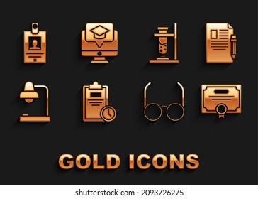 Set Exam sheet with clock, and pencil eraser, Certificate template, Glasses, Table lamp, test tube flask on fire, Identification badge and Monitor graduation cap icon. Vector