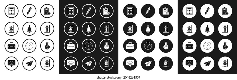 Set Exam sheet with clock, Ringing bell, Glass test tube flask on fire, Calculator, Pencil eraser, Test and chemical laboratory and Briefcase icon. Vector