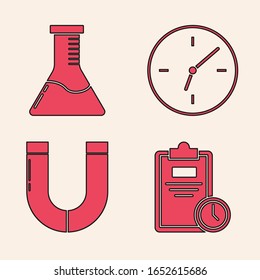 Set Exam sheet with clock, Test tube and flask chemical laboratory, Clock and Magnet icon. Vector