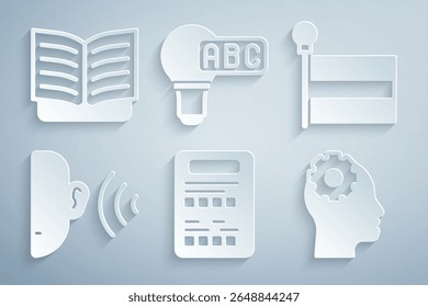 Set Exam sheet, Flag, Ear listen sound signal, Head with gear inside, Creative lamp light idea and Open book icon. Vector