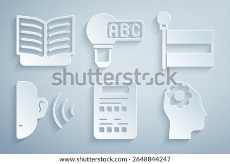 Set Exam sheet, Flag, Ear listen sound signal, Head with gear inside, Creative lamp light idea and Open book icon. Vector