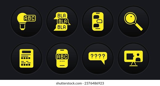 Set Exam sheet, Magnifying glass, Foreign language online study, Speech bubbles with Question, New chat messages notification,  and Creative lamp light idea icon. Vector