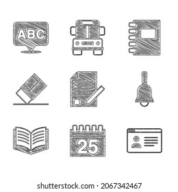 Set Prüfungsbogen und Bleistift, Kalender, Online-Klasse, Ringing Glocke, Offenes Buch, Eraser oder Gummi, Spiral-Notizbuch und Alphabet-Symbol. Vektorgrafik