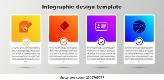 Set Exam sheet and pencil, Eraser or rubber, Online class and Basketball ball. Business infographic template. Vector