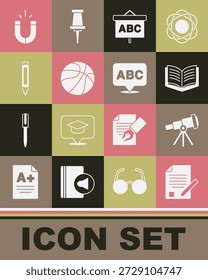 Conjunto de hoja de examen y lápiz, telescopio, libro abierto, pizarra, baloncesto, marcador, imán y alfabeto icono. Vector