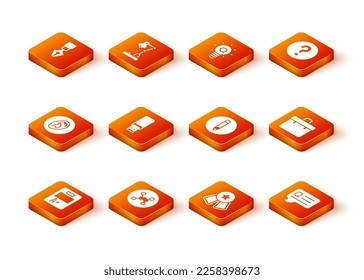 Set Exam sheet with A plus grade, Chemical formula, Ear listen sound signal, USB flash drive, Medal star, Pencil, Speech bubbles Question and Briefcase icon. Vector