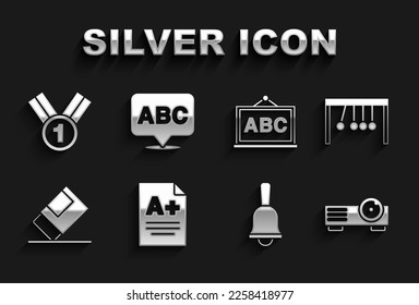 Set Exam sheet with A plus grade, Pendulum, Movie, film, media projector, Ringing bell, Eraser rubber, Chalkboard, Medal and Alphabet icon. Vector svg