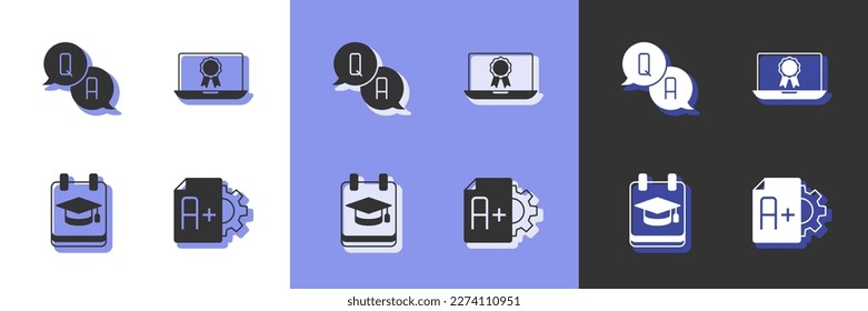 Establezca la hoja de exámenes con un grado más, pregunta y respuesta, icono de educación en línea y diploma. Vector